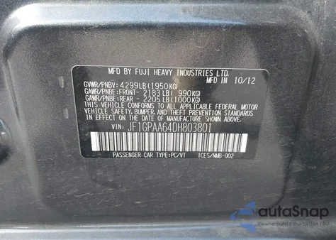 2013 Subaru Impreza 2.0I из США, поврежденный, VIN JF1GPAA64DH803801